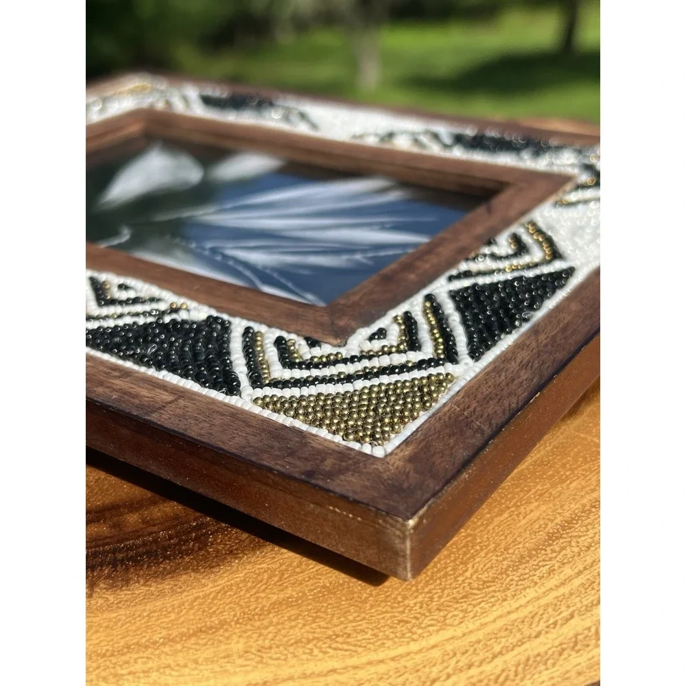 World Market Wood Beaded 4x6 Picture Frame Black White Gold Tribal Boho Decor